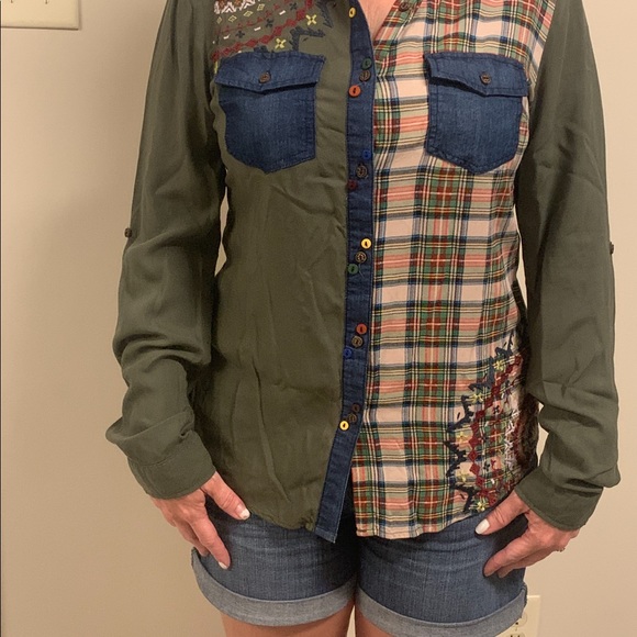 Desigual Embroidered Plaid & Denim Button Up Shirt - Picture 8 of 8